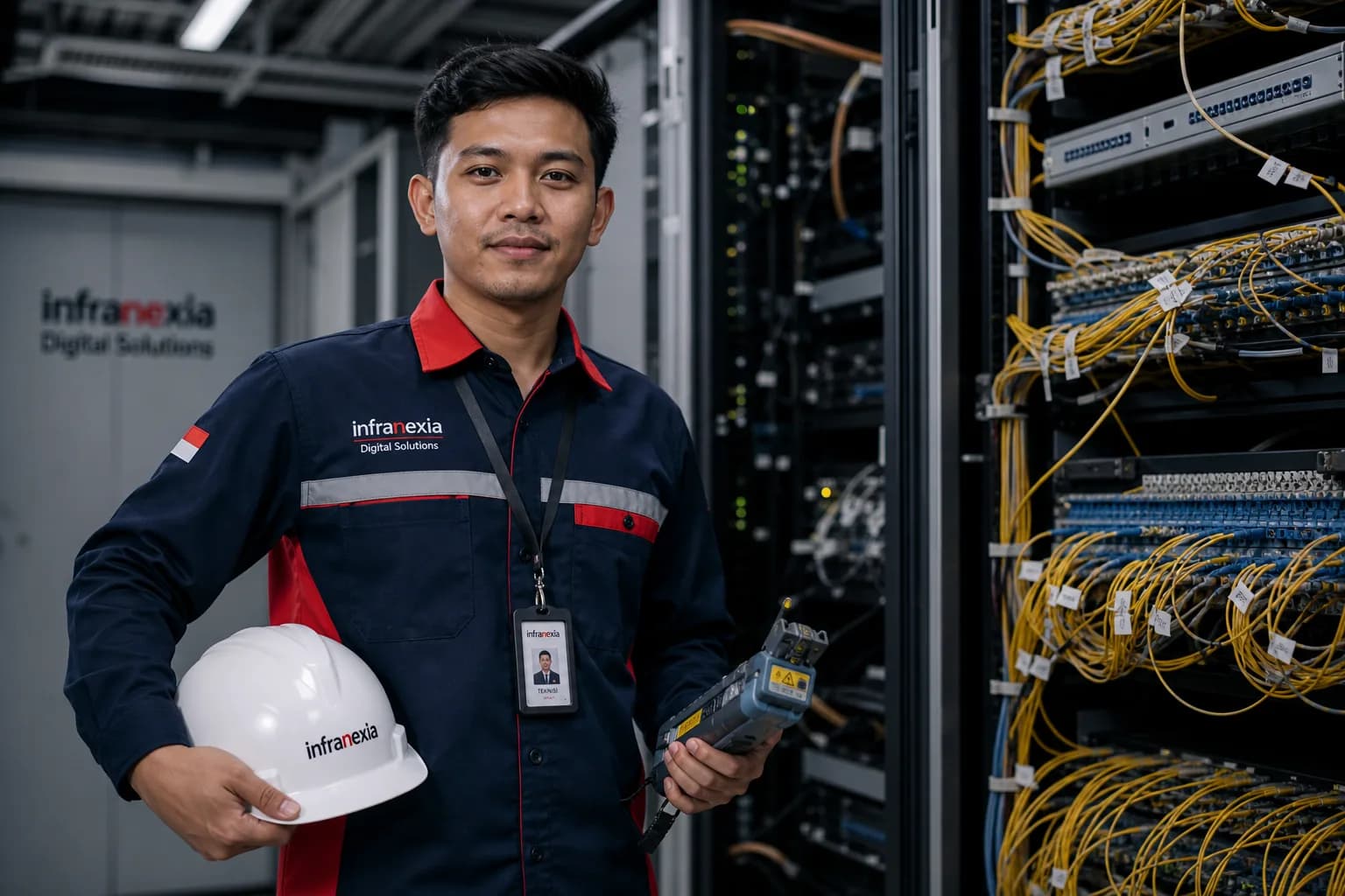 Teknisi fiber optik Indonesia di ruang server