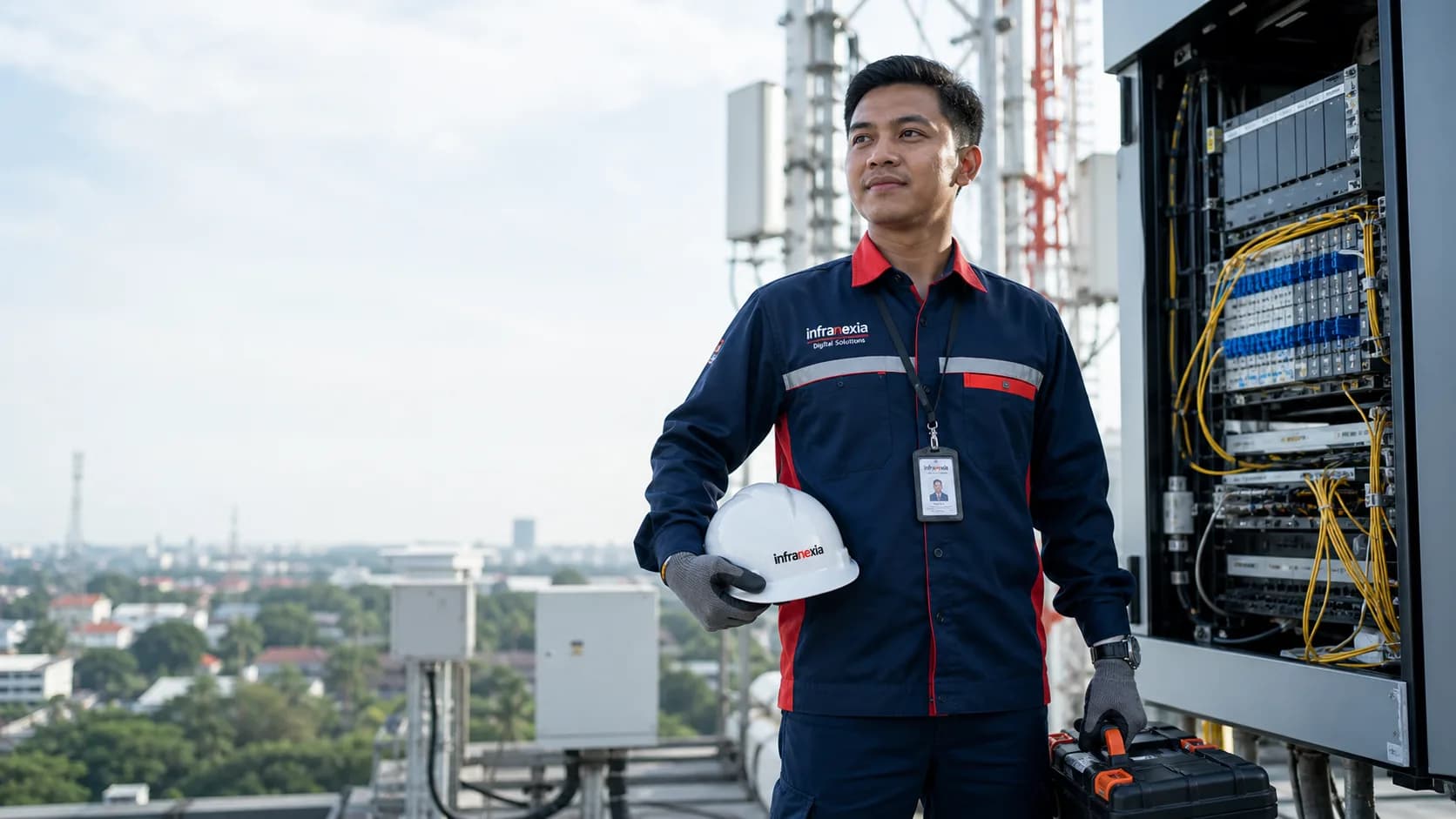 Teknisi fiber optik Indonesia di rooftop telekomunikasi