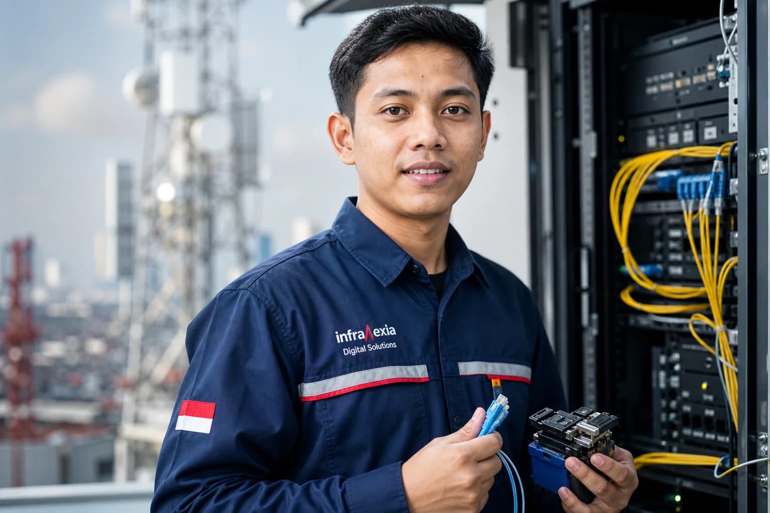 Teknisi fiber optik Indonesia memegang perangkat optik